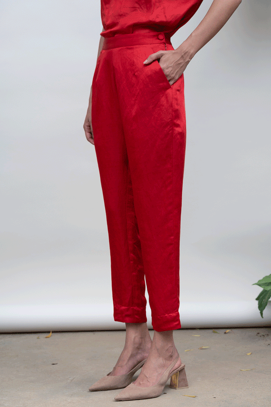 Red Trouser by Kanelle with Bold is Beautiful by Kanelle, Casual Wear, July Sale, Linen Satin, Natural with azo dyes, Red, Regular Fit, Solids, Trousers, Womenswear at Kamakhyaa for sustainable fashion