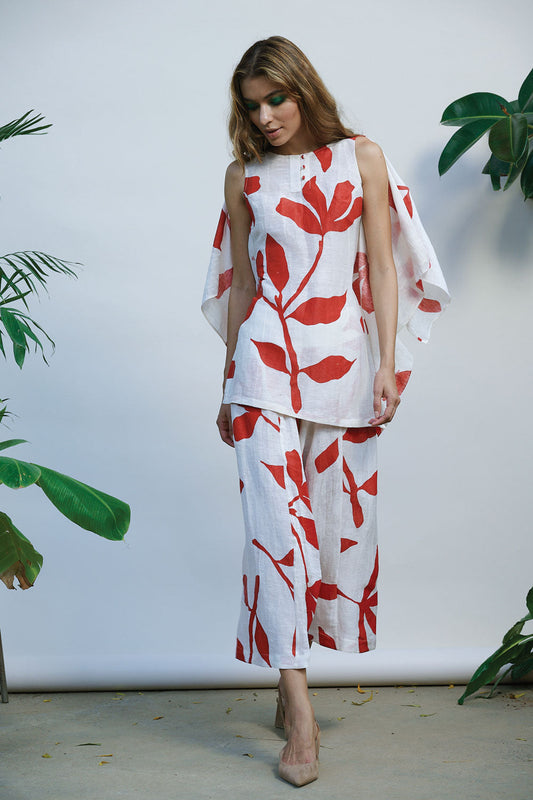White Printed Co-ord Set by Kanelle with Best Selling, Bold is Beautiful by Kanelle, Casual Wear, Co-ord Sets, July Sale, Linen Silk, Natural with azo dyes, Office Wear Co-ords, Prints, Regular Fit, Vacation, Vacation Co-ords, White, Womenswear at Kamakhyaa for sustainable fashion
