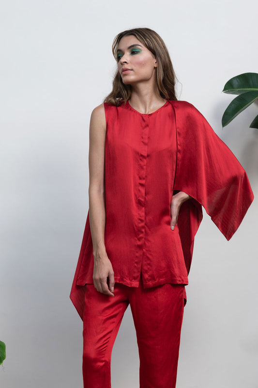Red Solid Shoulder Top by Kanelle with Bold is Beautiful by Kanelle, Casual Wear, July Sale, Modal Satin, Natural with azo dyes, One Shoulder Tops, Red, Regular Fit, Shoulder Tops, Solids, Womenswear at Kamakhyaa for sustainable fashion