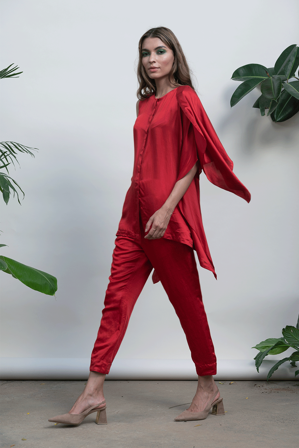 Red Solid Shoulder Top by Kanelle with Bold is Beautiful by Kanelle, Casual Wear, July Sale, Modal Satin, Natural with azo dyes, One Shoulder Tops, Red, Regular Fit, Shoulder Tops, Solids, Womenswear at Kamakhyaa for sustainable fashion