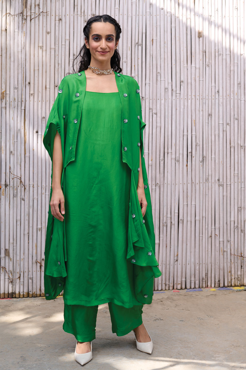 Green Three Piece Set by Kanelle with Festive Wear, Green, Hand Embroidered, Natural, Partywear Co-ord, Partywear Co-ords, Regular Fit, Revel in Rang by Kanelle, Viscose Silk, Womenswear at Kamakhyaa for sustainable fashion