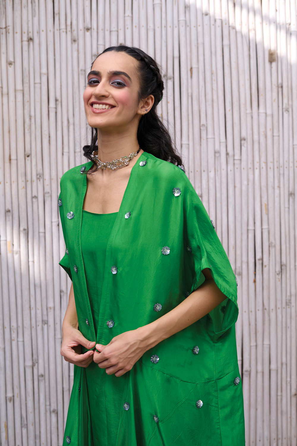 Green Three Piece Set by Kanelle with Festive Wear, Green, Hand Embroidered, Natural, Partywear Co-ord, Partywear Co-ords, Regular Fit, Revel in Rang by Kanelle, Viscose Silk, Womenswear at Kamakhyaa for sustainable fashion