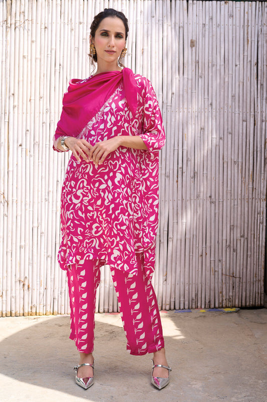 Pink Three Piece Printed Set by Kanelle with Cotton, Festive Wear, Natural, Partywear Co-ord, Partywear Co-ords, Pink, Printed, Revel in Rang by Kanelle, Satin, Slik, Womenswear at Kamakhyaa for sustainable fashion
