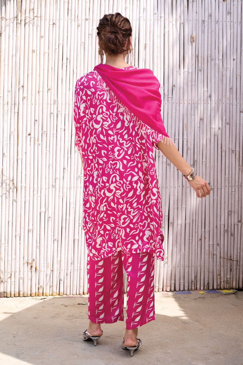 Pink Three Piece Printed Set by Kanelle with Cotton, Festive Wear, Natural, Partywear Co-ord, Partywear Co-ords, Pink, Printed, Revel in Rang by Kanelle, Satin, Slik, Womenswear at Kamakhyaa for sustainable fashion