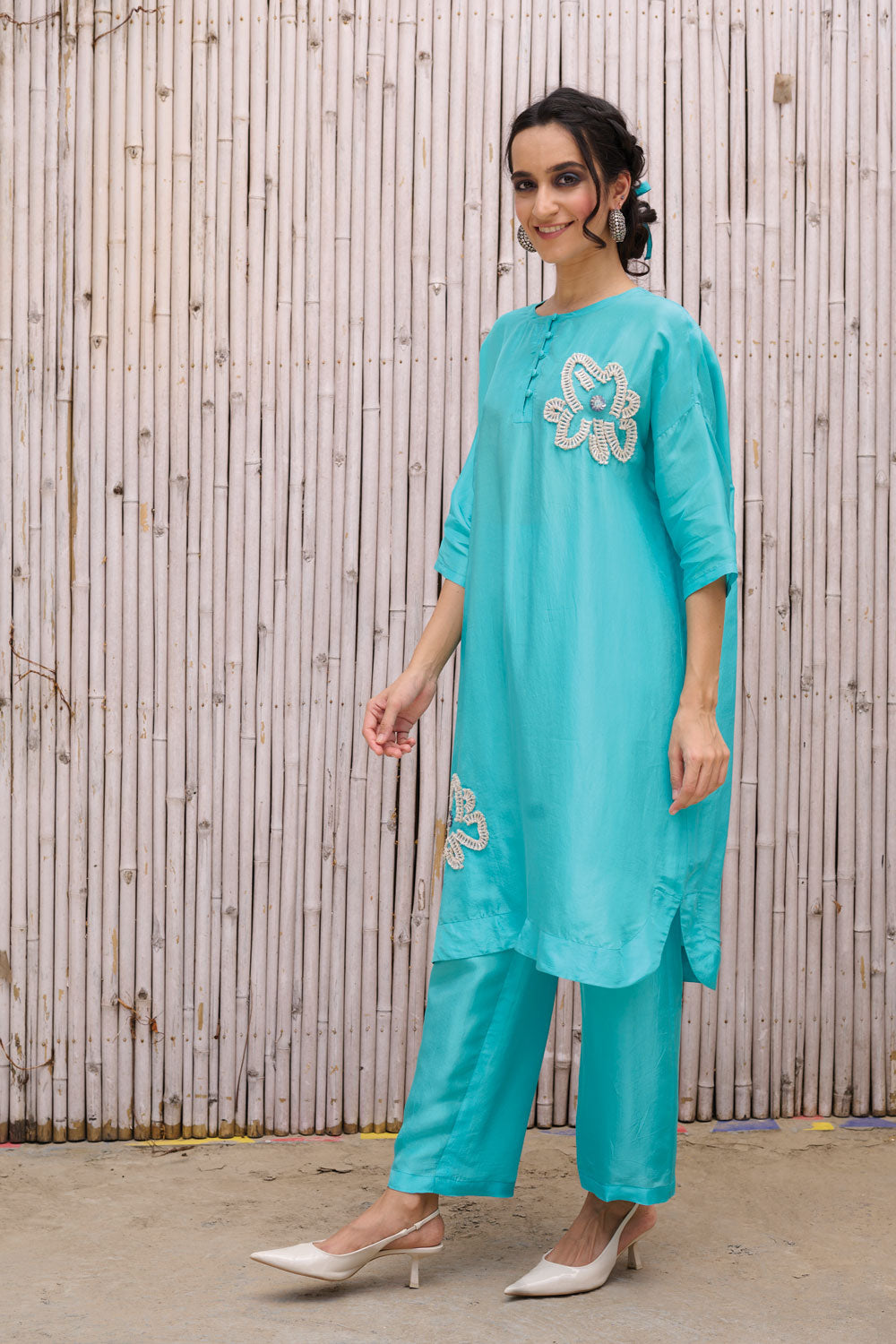 Blue Solid Three Piece Set by Kanelle with Festive Wear, Hand Embroidered, Natural, Partywear Co-ord, Partywear Co-ords, Revel in Rang by Kanelle, Sky Blue, Solid, Viscose Silk, Womenswear at Kamakhyaa for sustainable fashion