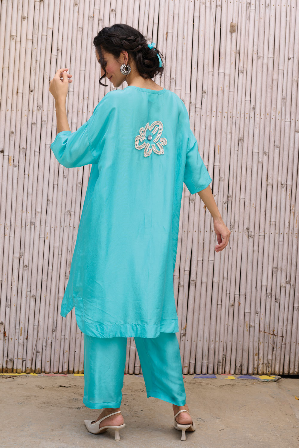 Blue Solid Three Piece Set by Kanelle with Festive Wear, Hand Embroidered, Natural, Partywear Co-ord, Partywear Co-ords, Revel in Rang by Kanelle, Sky Blue, Solid, Viscose Silk, Womenswear at Kamakhyaa for sustainable fashion