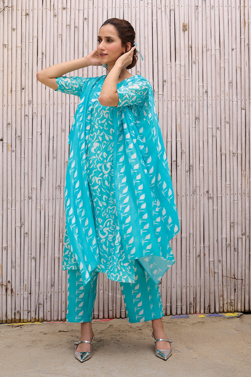 Blue Printed Three Piece Set by Kanelle with Chanderi, Festive Wear, Natural, Partywear Co-ord, Partywear Co-ords, Printed, Regular Fit, Revel in Rang by Kanelle, Sky Blue, Viscose Silk, Womenswear at Kamakhyaa for sustainable fashion