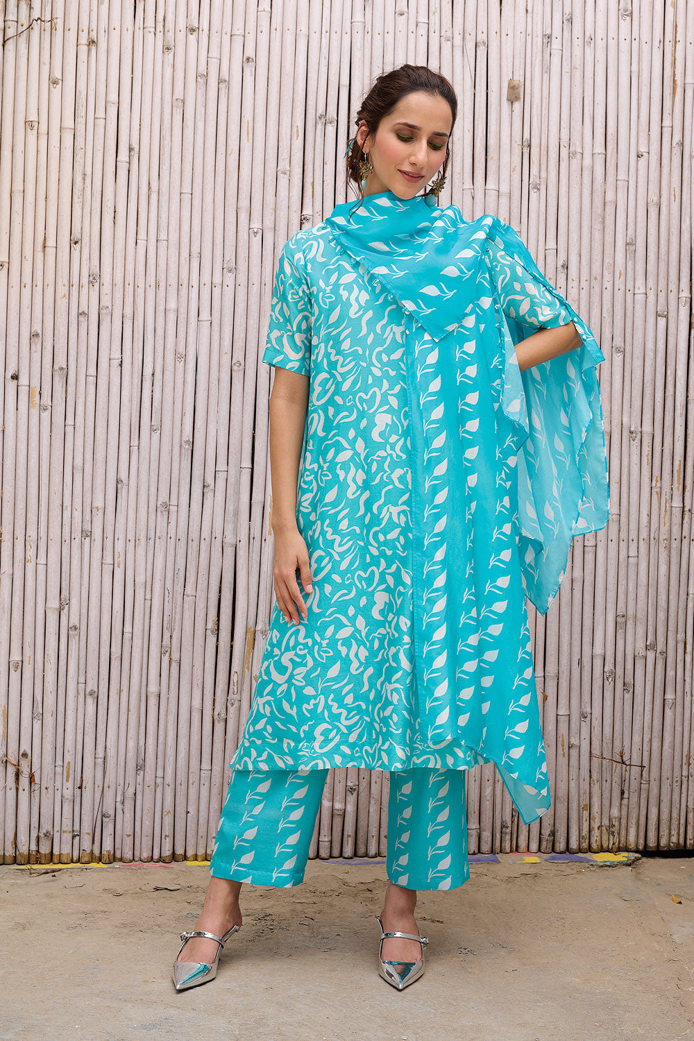 Blue Printed Three Piece Set by Kanelle with Chanderi, Festive Wear, Natural, Partywear Co-ord, Partywear Co-ords, Printed, Regular Fit, Revel in Rang by Kanelle, Sky Blue, Viscose Silk, Womenswear at Kamakhyaa for sustainable fashion