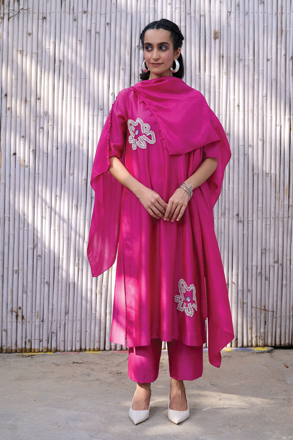 Pink Hand Embroidered Three Piece Set by Kanelle with Chanderi, Festive Wear, Hand Embroidered, Natural, Partywear Co-ord, Partywear Co-ords, Pink, Regular Fit, Revel in Rang by Kanelle, Solid, Womenswear at Kamakhyaa for sustainable fashion