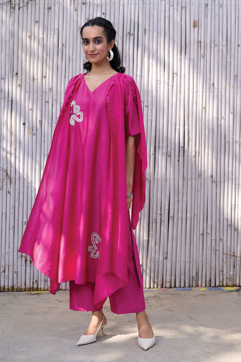 Pink Hand Embroidered Three Piece Set by Kanelle with Chanderi, Festive Wear, Hand Embroidered, Natural, Partywear Co-ord, Partywear Co-ords, Pink, Regular Fit, Revel in Rang by Kanelle, Solid, Womenswear at Kamakhyaa for sustainable fashion