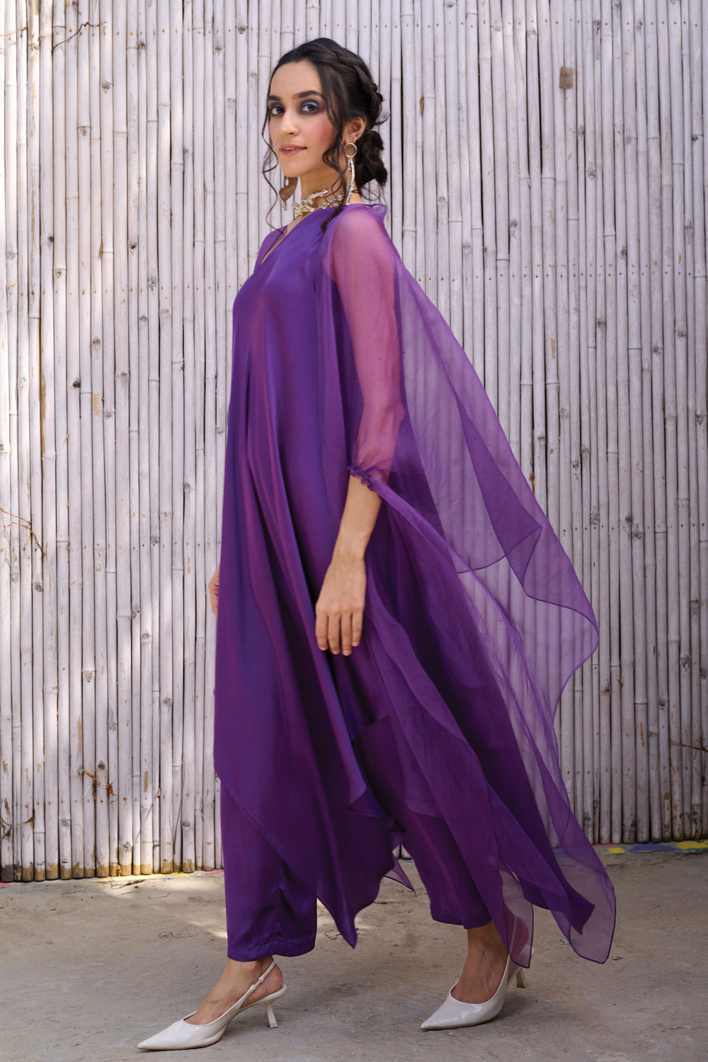 One Shoulder Three Piece Set by Kanelle with Festive Wear, Hand Embroidered, Natural, One Shoulder, Organza, Partywear Co-ord, Partywear Co-ords, Purple, Regular Fit, Revel in Rang by Kanelle, Solid, Womenswear at Kamakhyaa for sustainable fashion