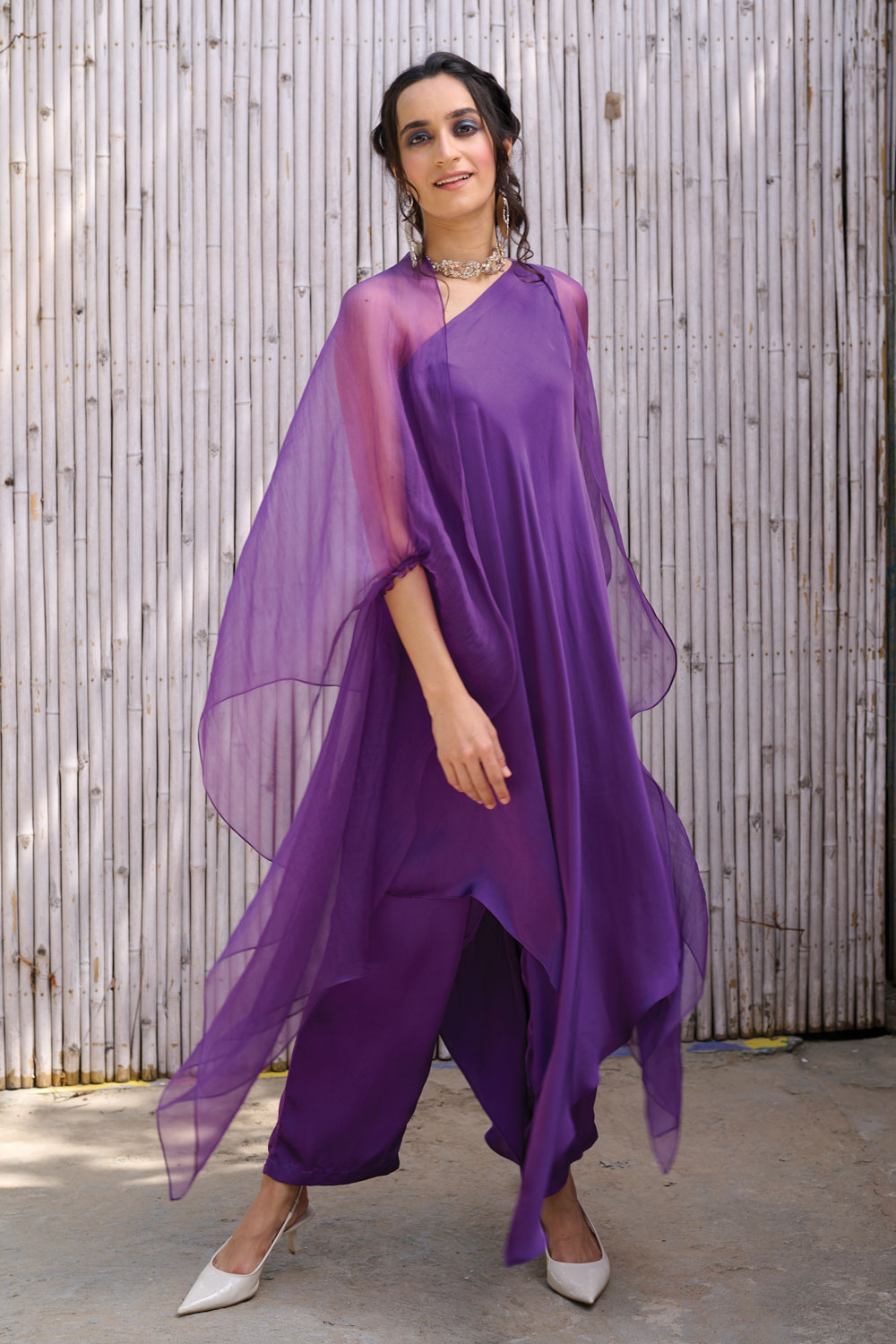 One Shoulder Three Piece Set by Kanelle with Festive Wear, Hand Embroidered, Natural, One Shoulder, Organza, Partywear Co-ord, Partywear Co-ords, Purple, Regular Fit, Revel in Rang by Kanelle, Solid, Womenswear at Kamakhyaa for sustainable fashion