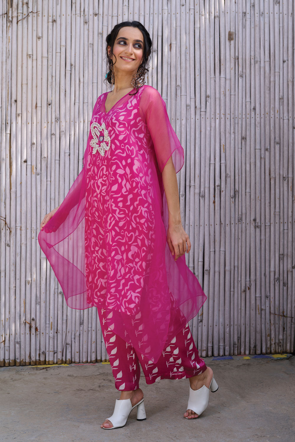 Printed Kaftan Set by Kanelle with Dress Sets, Festive wear, Hand Embroidered, Natural, Organza, Partywear Co-ords, Pink, Printed, Regular Fit, Revel in Rang by Kanelle, Sleeveless, Viscose satin, Womenswear at Kamakhyaa for sustainable fashion