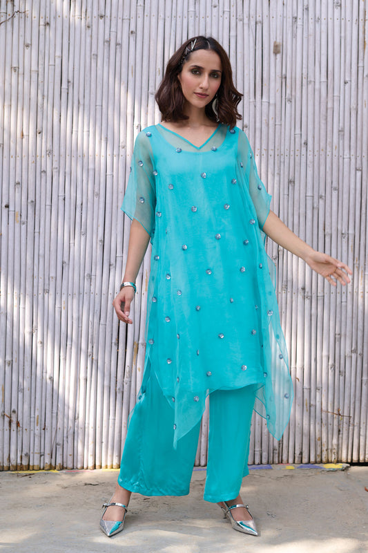 Blue Kaftan Set by Kanelle with Dress Sets, Festive Wear, Hand Embroidered, Natural, Organza, Partywear Co-ords, Regular Fit, Revel in Rang by Kanelle, Sky Blue, Sleeveless, Solid, Viscose satin, Womenswear at Kamakhyaa for sustainable fashion