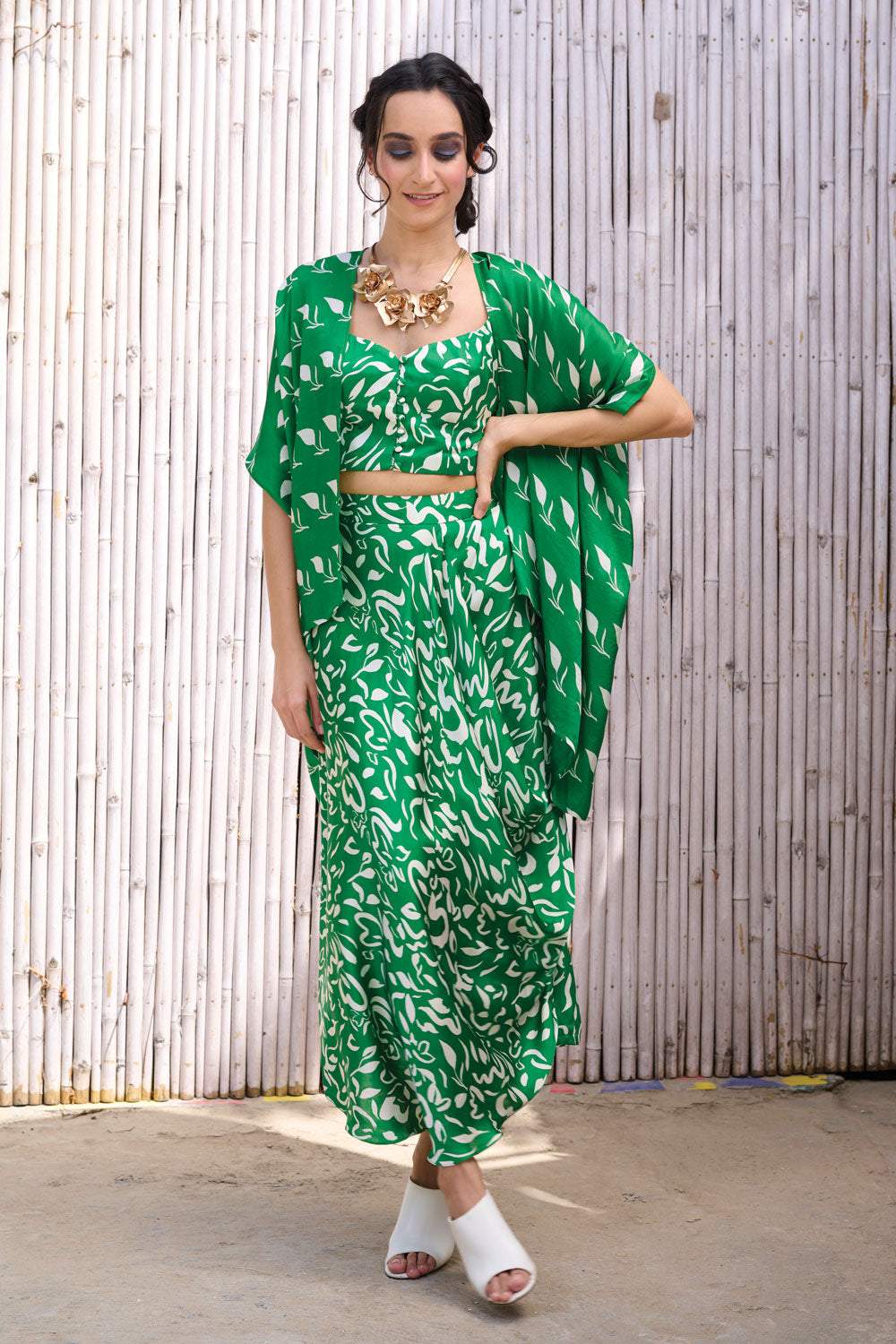 Printed Drape Three Piece Set by Kanelle with Dress Sets, Festive Wear, Green, Natural, Partywear Co-ords, Printed, Regular Fit, Revel in Rang by Kanelle, Sleeveless, Viscose satin, Viscose Silk, Womenswear at Kamakhyaa for sustainable fashion