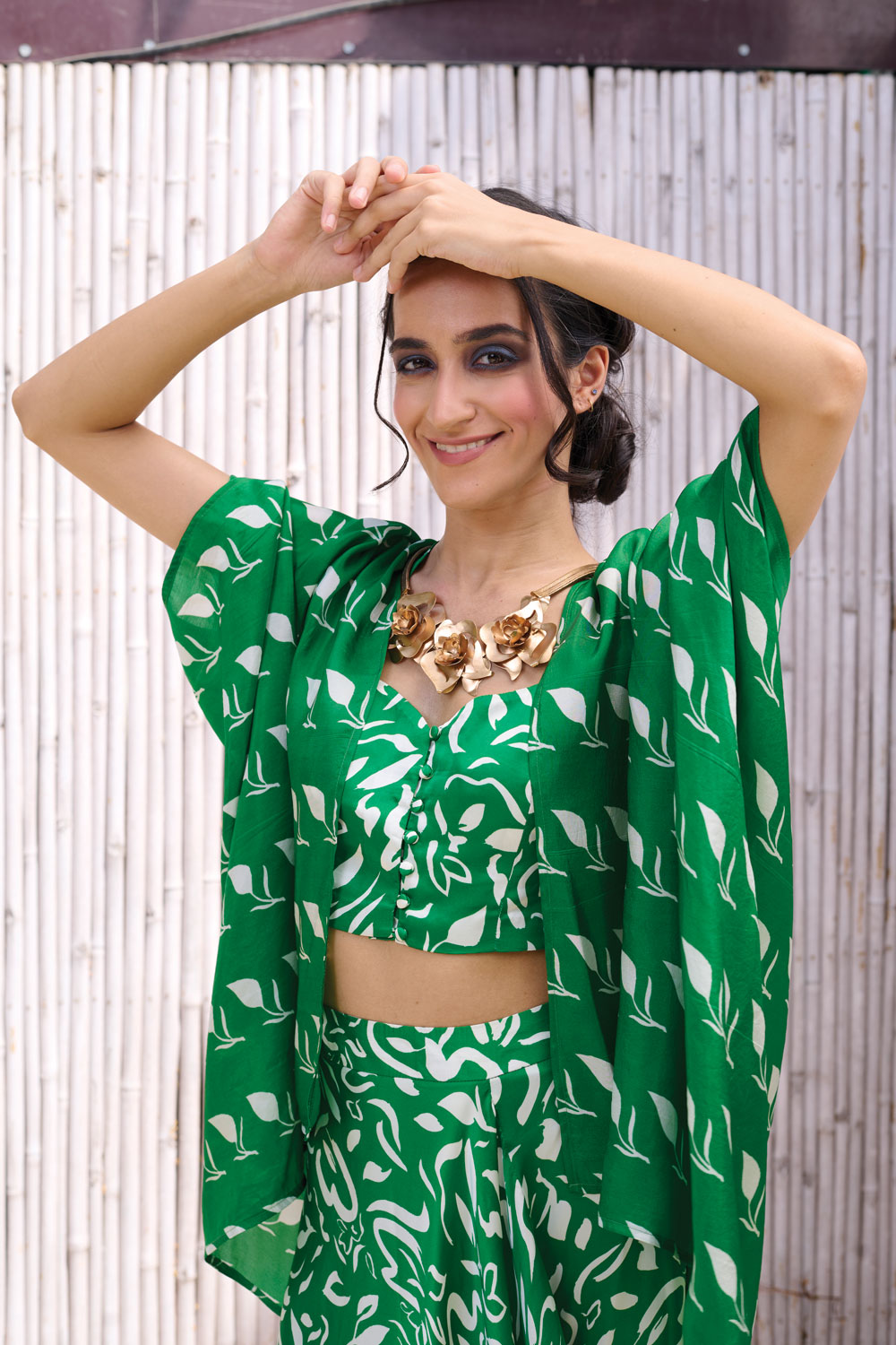 Printed Drape Three Piece Set by Kanelle with Dress Sets, Festive Wear, Green, Natural, Partywear Co-ords, Printed, Regular Fit, Revel in Rang by Kanelle, Sleeveless, Viscose satin, Viscose Silk, Womenswear at Kamakhyaa for sustainable fashion