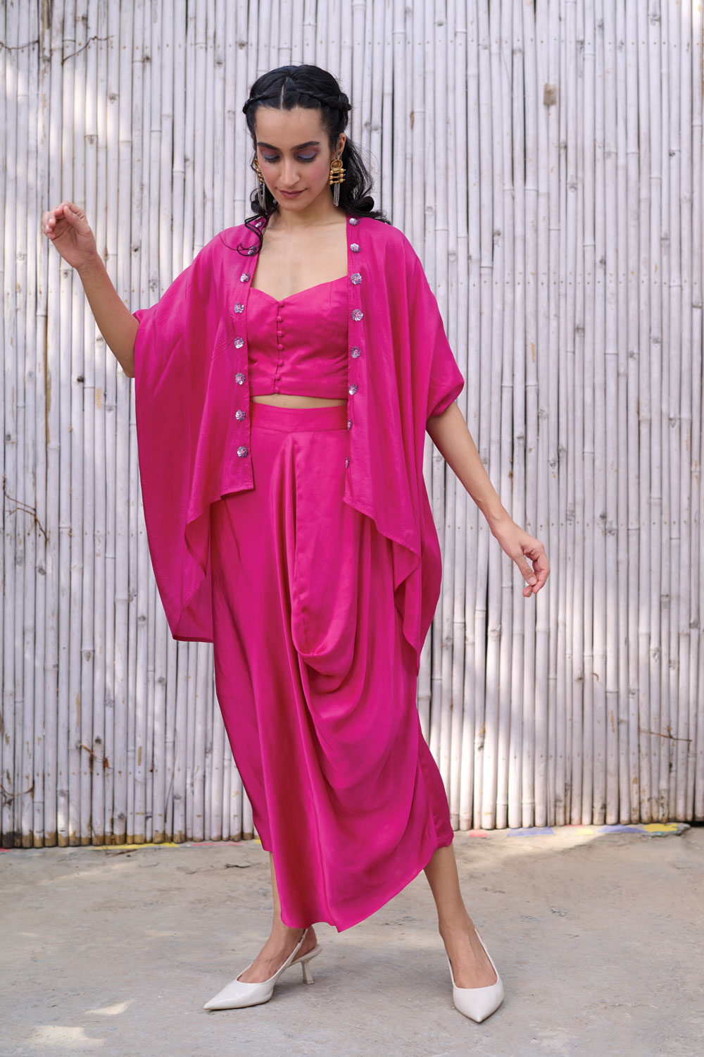Pink Drape Three Piece Set by Kanelle with Dress Sets, Festive Wear, Hand Embroidered, Natural, Partywear Co-ords, Pink, Regular Fit, Revel in Rang by Kanelle, Sleeveless, Solid, Viscose satin, Viscose Silk, Womenswear at Kamakhyaa for sustainable fashion