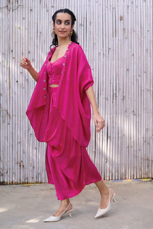 Pink Drape Three Piece Set by Kanelle with Dress Sets, Festive Wear, Hand Embroidered, Natural, Partywear Co-ords, Pink, Regular Fit, Revel in Rang by Kanelle, Sleeveless, Solid, Viscose satin, Viscose Silk, Womenswear at Kamakhyaa for sustainable fashion