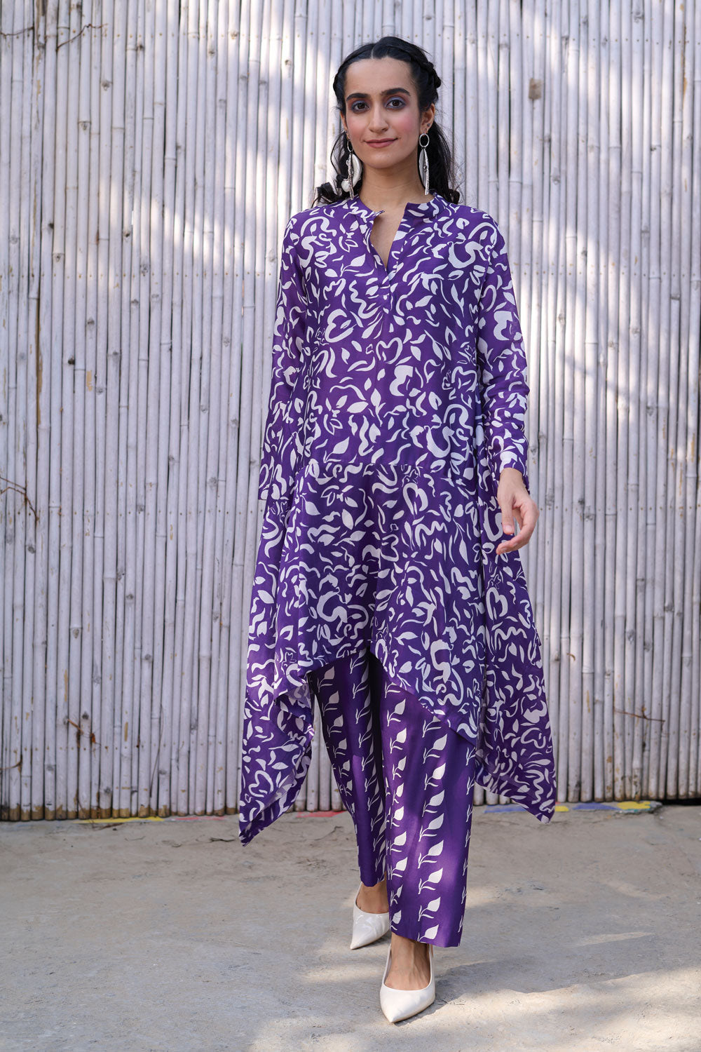 Printed Two Piece Set by Kanelle with Chanderi, Festive Wear, Natural, Partywear Co-ord, Partywear Co-ords, Printed, Purple, Relaxed Fit, Revel in Rang by Kanelle, Womenswear at Kamakhyaa for sustainable fashion