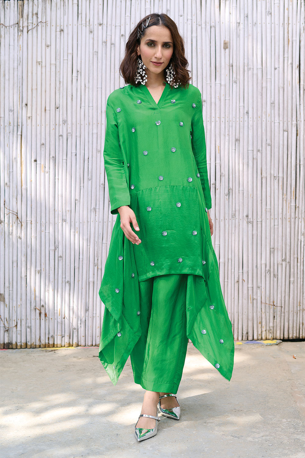 Green Hand Embroidered Two Piece Set by Kanelle with Dresses, Festive Wear, Green, Hand Embroidered, Natural, Partywear Co-ord, Partywear Co-ords, Relaxed Fit, Revel in Rang by Kanelle, Solid, Viscose Silk, Womenswear at Kamakhyaa for sustainable fashion