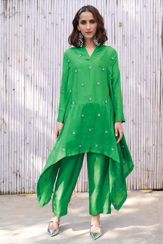Green Hand Embroidered Two Piece Set by Kanelle with Dresses, Festive Wear, Green, Hand Embroidered, Natural, Partywear Co-ord, Partywear Co-ords, Relaxed Fit, Revel in Rang by Kanelle, Solid, Viscose Silk, Womenswear at Kamakhyaa for sustainable fashion