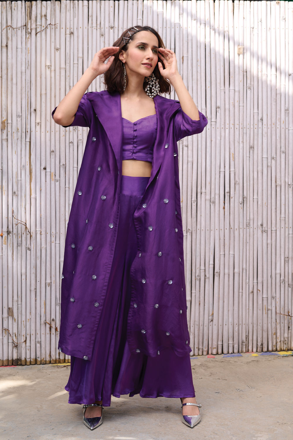 Purple Hand Embroidered Three Piece Set by Kanelle with Dress Sets, Festive Wear, Hand Embroidered, Natural, Partywear Co-ords, Purple, Regular Fit, Revel in Rang by Kanelle, Solid, Viscose Satin, Viscose Silk, Womenswear at Kamakhyaa for sustainable fashion
