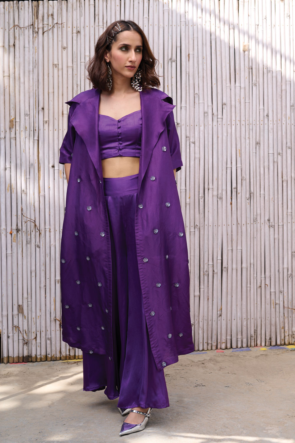 Purple Hand Embroidered Three Piece Set by Kanelle with Dress Sets, Festive Wear, Hand Embroidered, Natural, Partywear Co-ords, Purple, Regular Fit, Revel in Rang by Kanelle, Solid, Viscose Satin, Viscose Silk, Womenswear at Kamakhyaa for sustainable fashion