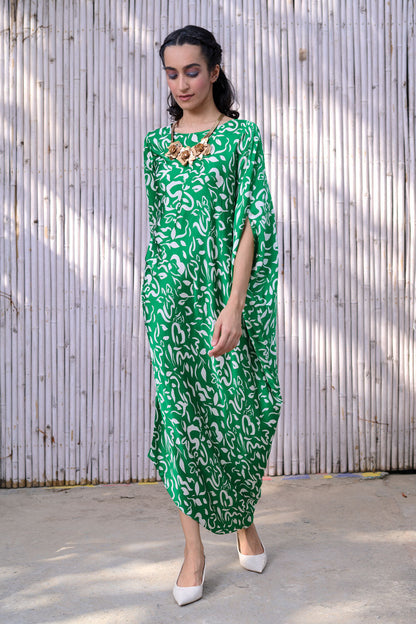 Printed Asymmetric Drape Dress by Kanelle with Dresses, Festive Wear, Green, Midi Dresses, Natural, Partywear Co-ords, Printed, Regular Fit, Revel in Rang by Kanelle, Viscose Satin, Womenswear at Kamakhyaa for sustainable fashion