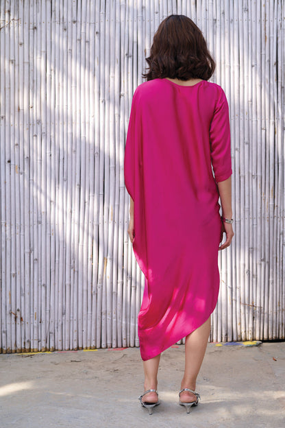 Solid Asymmetric Drape Dress by Kanelle with Dresses, Festive Wear, Hand Embroidered, Midi Dresses, Natural, Partywear Co-ords, Pink, Regular Fit, Revel in Rang by Kanelle, Solid, Viscose Satin, Womenswear at Kamakhyaa for sustainable fashion