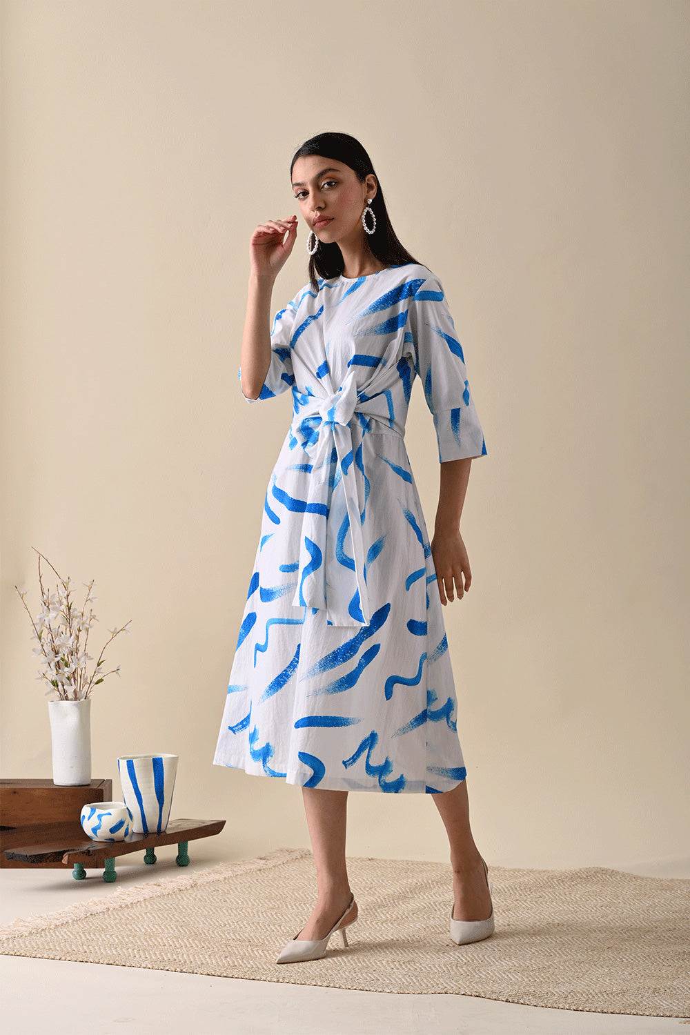 White Midi Dress by Kanelle with Best Selling, Casual Wear, Dresses, For Her, July Sale, Life in Colour by Kanelle, Midi Dresses, Natural with azo dyes, Organic Cotton, Prints, Regular Fit, White, Womenswear, Wrap Dresses at Kamakhyaa for sustainable fashion
