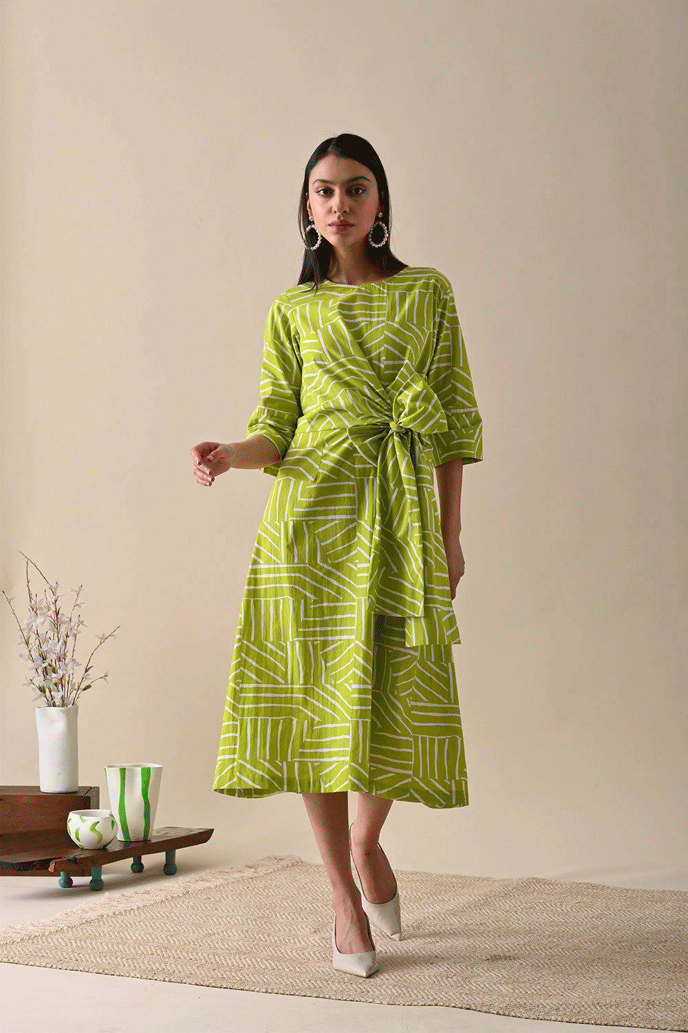 Olive Midi Dress by Kanelle with Casual Wear, Dresses, For Her, July Sale, Life in Colour by Kanelle, Midi Dresses, Natural with azo dyes, Olive Green, Organic Cotton, Prints, Regular Fit, Womenswear, Wrap Dresses at Kamakhyaa for sustainable fashion