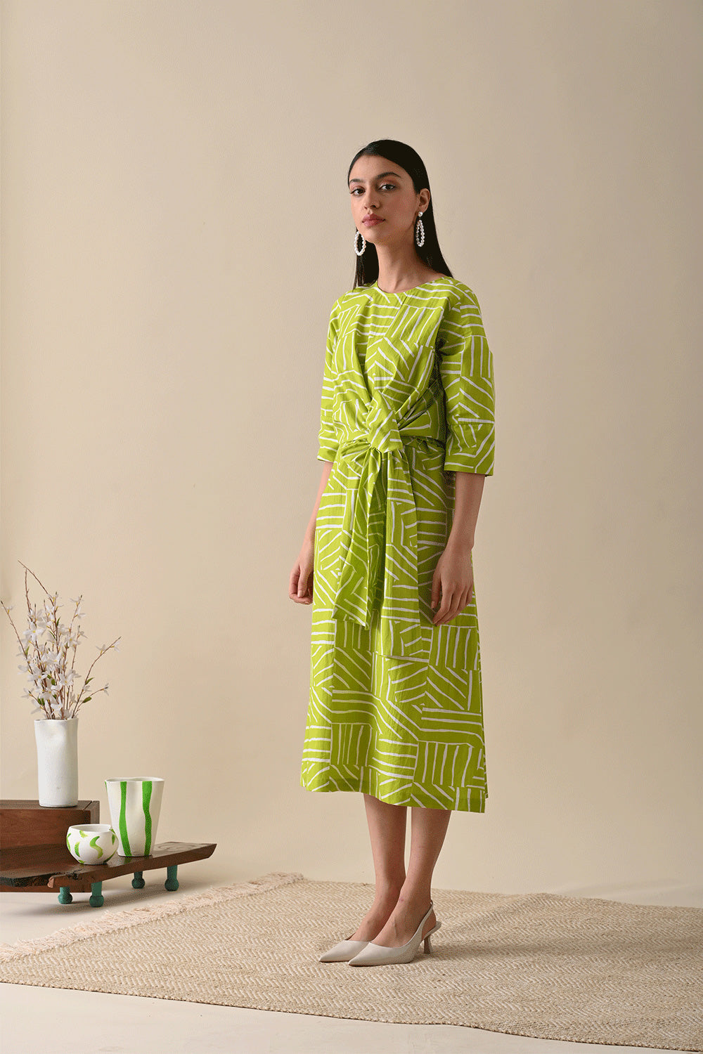 Olive Midi Dress by Kanelle with Casual Wear, Dresses, For Her, July Sale, Life in Colour by Kanelle, Midi Dresses, Natural with azo dyes, Olive Green, Organic Cotton, Prints, Regular Fit, Womenswear, Wrap Dresses at Kamakhyaa for sustainable fashion