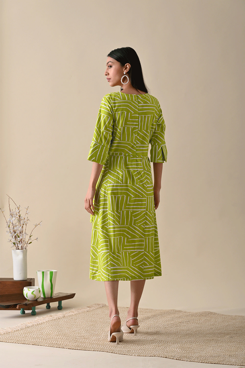 Olive Midi Dress by Kanelle with Casual Wear, Dresses, For Her, July Sale, Life in Colour by Kanelle, Midi Dresses, Natural with azo dyes, Olive Green, Organic Cotton, Prints, Regular Fit, Womenswear, Wrap Dresses at Kamakhyaa for sustainable fashion