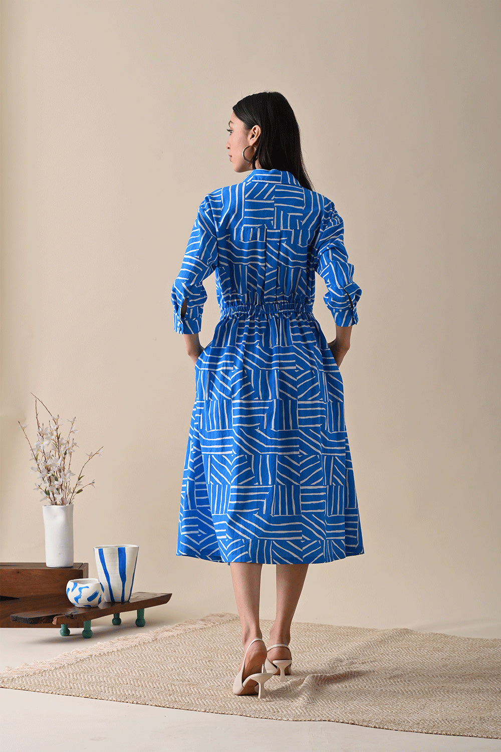 Blue Cotton Midi Dress by Kanelle with 100% Cotton, Best Selling, Blue, Casual Wear, Dresses, FB ADS JUNE, July Sale, Life in Colour by Kanelle, Midi Dresses, Natural with azo dyes, Prints, Relaxed Fit, Shirt Dresses, Womenswear at Kamakhyaa for sustainable fashion