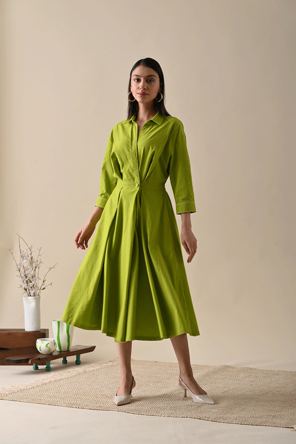 Olive Midi Dress by Kanelle with Best Selling, Casual Wear, Dresses, For Birthday, July Sale, Life in Colour by Kanelle, Midi Dresses, Natural with azo dyes, Olive Green, Organic Cotton, Prints, Relaxed Fit, Womenswear at Kamakhyaa for sustainable fashion
