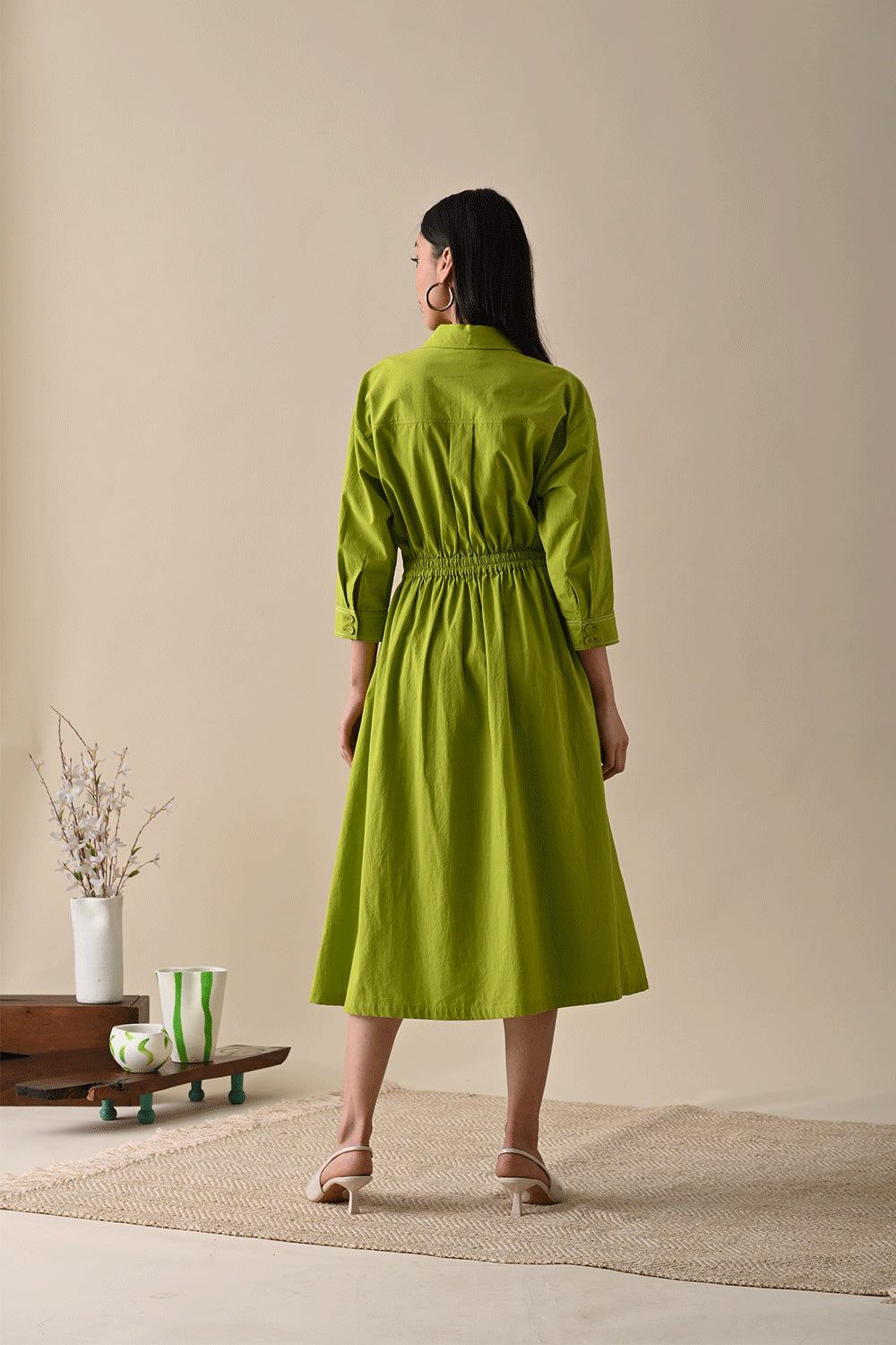 Olive Midi Dress by Kanelle with Best Selling, Casual Wear, Dresses, For Birthday, July Sale, Life in Colour by Kanelle, Midi Dresses, Natural with azo dyes, Olive Green, Organic Cotton, Prints, Relaxed Fit, Womenswear at Kamakhyaa for sustainable fashion