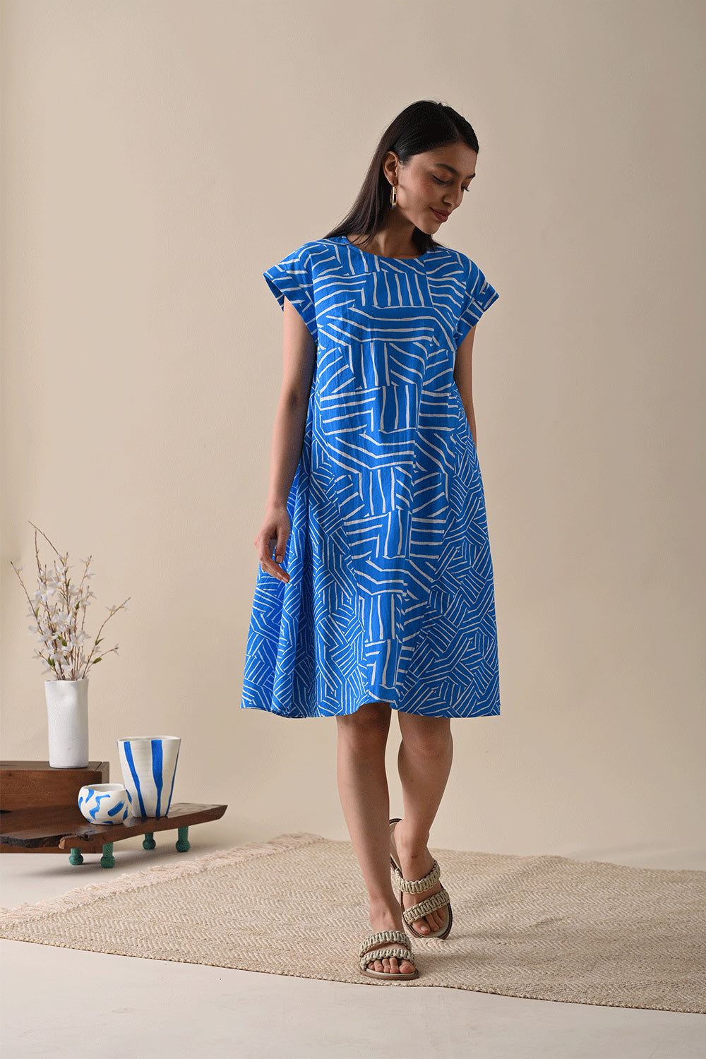 Blue Printed Mini Dress by Kanelle with 100% Cotton, Best Selling, Blue, Casual Wear, Dresses, FB ADS JUNE, July Sale, Life in Colour by Kanelle, Mini Dresses, Natural with azo dyes, Prints, Relaxed Fit, Womenswear at Kamakhyaa for sustainable fashion