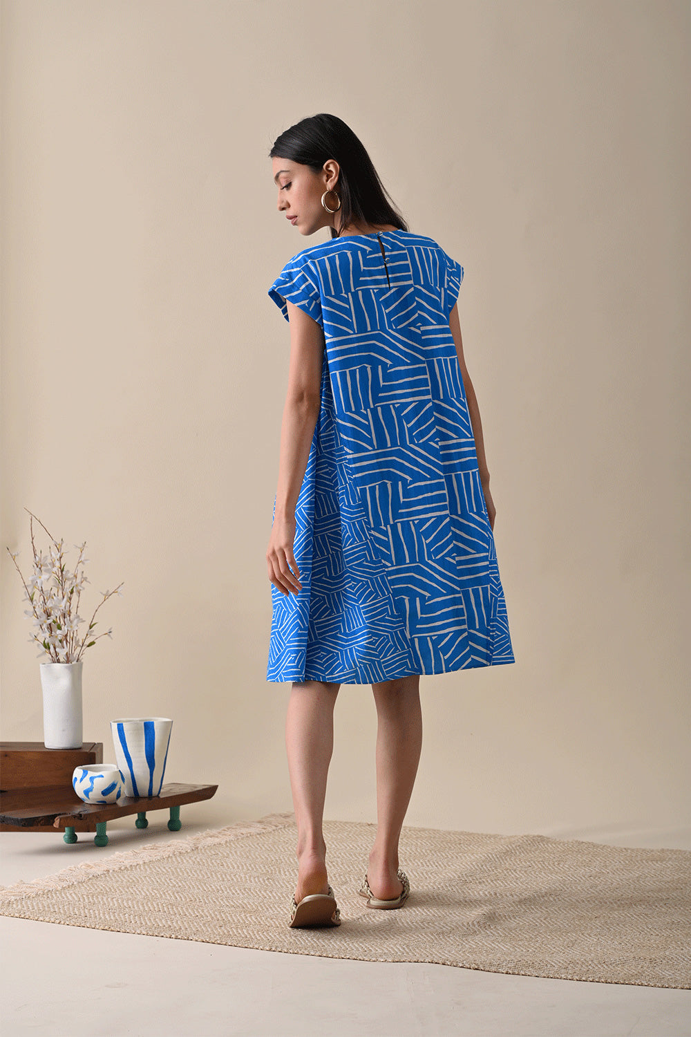 Blue Printed Mini Dress by Kanelle with 100% Cotton, Best Selling, Blue, Casual Wear, Dresses, FB ADS JUNE, July Sale, Life in Colour by Kanelle, Mini Dresses, Natural with azo dyes, Prints, Relaxed Fit, Womenswear at Kamakhyaa for sustainable fashion