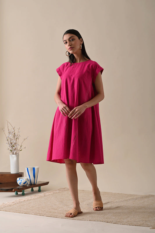 Pink Mini Dress by Kanelle with Casual Wear, Cotton Hemp, Dresses, FB ADS JUNE, July Sale, Life in Colour by Kanelle, Mini Dresses, Natural with azo dyes, Pink, Printed Selfsame, Relaxed Fit, Solids, Womenswear at Kamakhyaa for sustainable fashion
