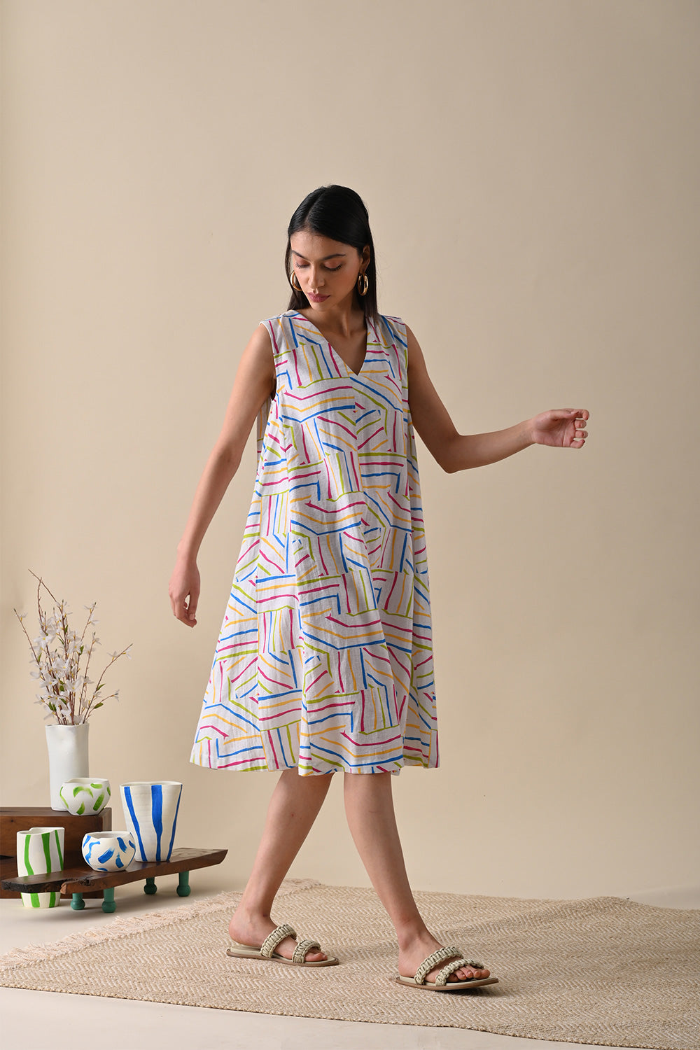 Multicolor Mini Dress by Kanelle with Casual Wear, Cotton Hemp, Dresses, FB ADS JUNE, July Sale, Life in Colour by Kanelle, Mini Dresses, Multicolor, Natural with azo dyes, Printed Selfsame, Prints, Relaxed Fit, Sleeveless Dresses, Womenswear at Kamakhyaa for sustainable fashion