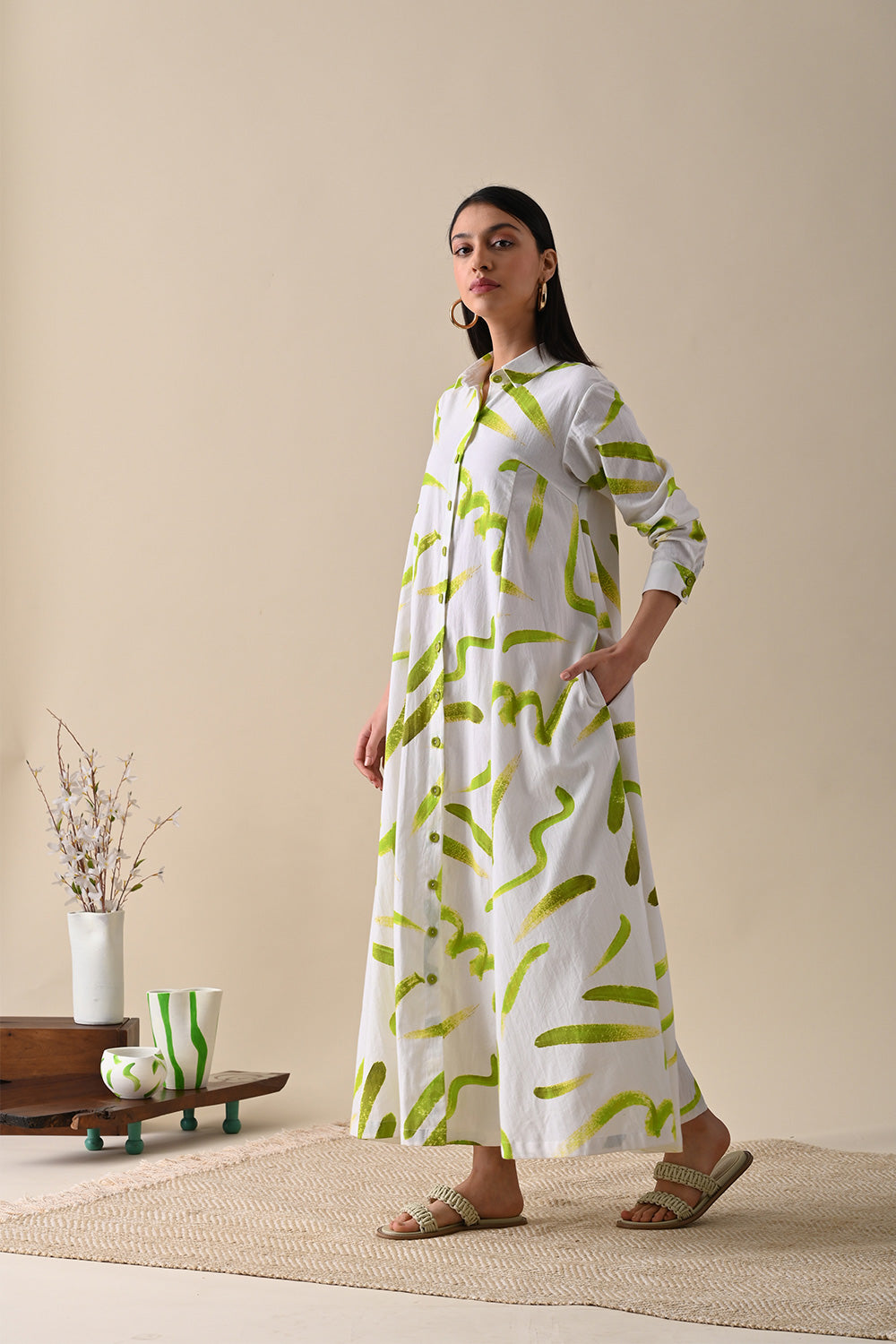 White Printed Maxi Dress by Kanelle with 100% Cotton, Casual Wear, Dresses, July Sale, Life in Colour by Kanelle, Maxi Dresses, Natural with azo dyes, Prints, Relaxed Fit, Shirt Dresses, White, Womenswear at Kamakhyaa for sustainable fashion