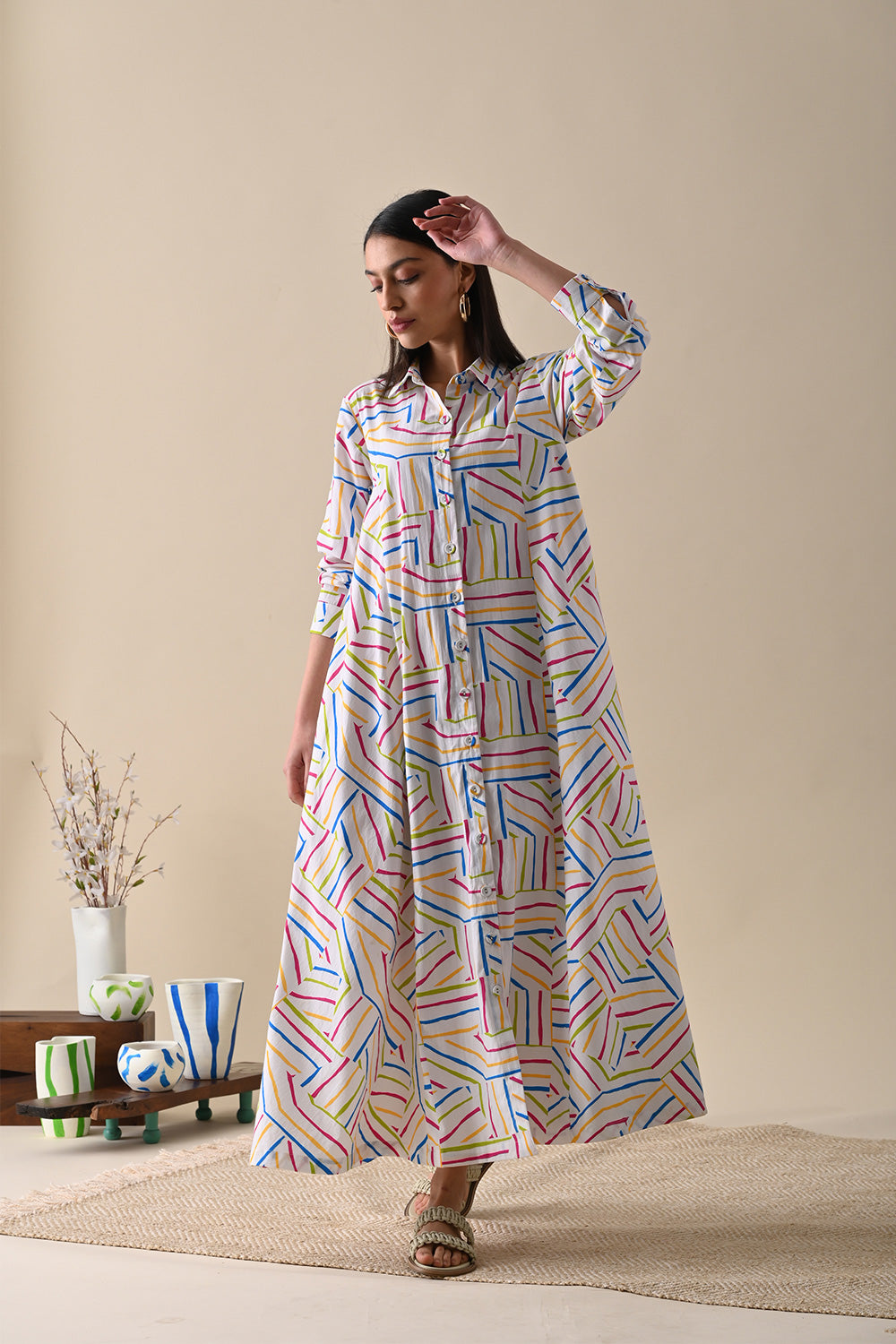 Multicolor Maxi Dress by Kanelle with Best Selling, Casual Wear, Dresses, July Sale, Life in Colour by Kanelle, Maxi Dresses, Multicolor, Natural with azo dyes, Organic Cotton, Prints, Relaxed Fit, Shirt Dresses, Womenswear at Kamakhyaa for sustainable fashion