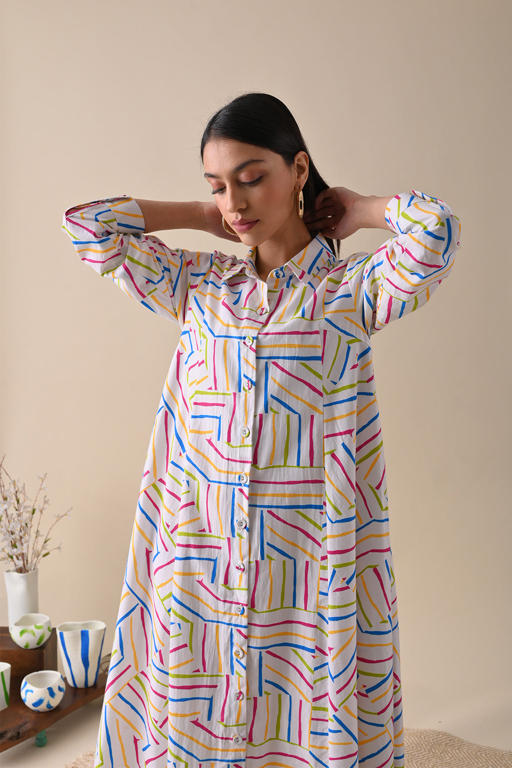 Multicolor Maxi Dress by Kanelle with Best Selling, Casual Wear, Dresses, July Sale, Life in Colour by Kanelle, Maxi Dresses, Multicolor, Natural with azo dyes, Organic Cotton, Prints, Relaxed Fit, Shirt Dresses, Womenswear at Kamakhyaa for sustainable fashion