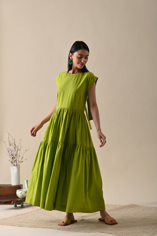 Olive Maxi Dress by Kanelle with Best Selling, Dresses, July Sale, Life in Colour by Kanelle, Maxi Dresses, Natural with azo dyes, Olive Green, Organic Cotton, Relaxed Fit, Resort Wear, Solids, Tiered Dresses, Womenswear at Kamakhyaa for sustainable fashion