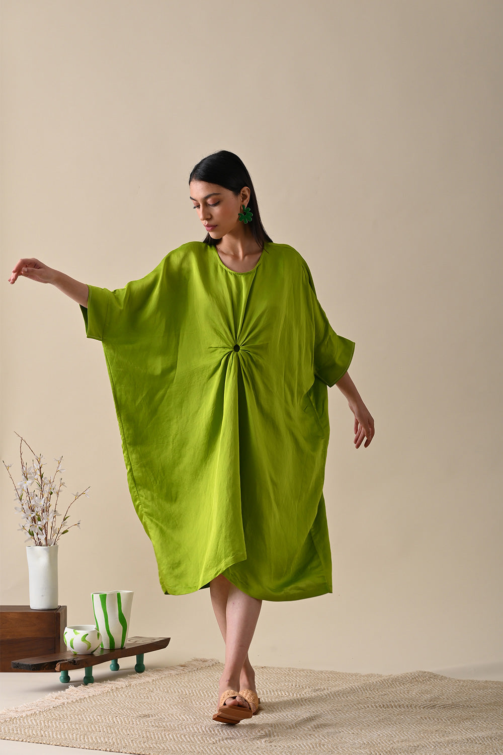 Olive Kaftan Dress by Kanelle with Dresses, July Sale, Kaftan Dresses, Kaftans, Life in Colour by Kanelle, Linen Satin, Midi Dresses, Natural with azo dyes, Olive Green, Relaxed Fit, Resort Wear, Solids, Womenswear at Kamakhyaa for sustainable fashion