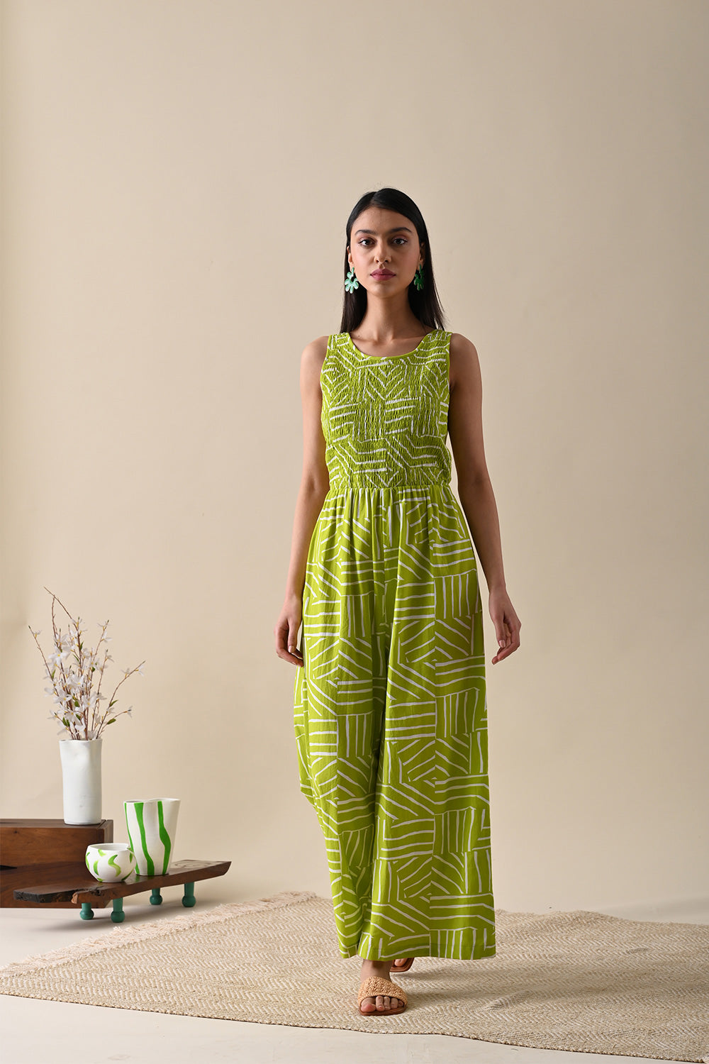 Olive Printed Jumpsuit at Kamakhyaa by Kanelle. This item is 100% Cotton, Casual Wear, July Sale, Jumpsuits, Life in Colours, Lines, Natural with azo dyes, Olive Green, Printed Selfsame, Prints, Regular Fit, Womenswear