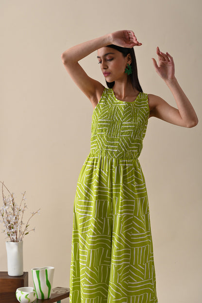Olive Printed Jumpsuit at Kamakhyaa by Kanelle. This item is 100% Cotton, Casual Wear, July Sale, Jumpsuits, Life in Colours, Lines, Natural with azo dyes, Olive Green, Printed Selfsame, Prints, Regular Fit, Womenswear