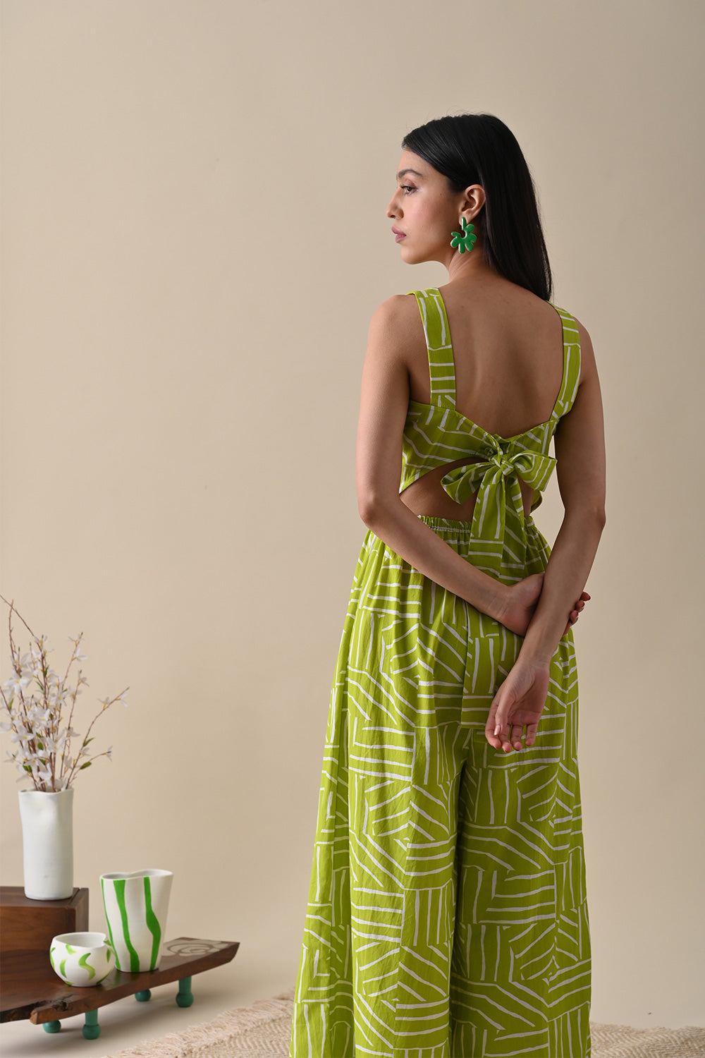 Olive Printed Jumpsuit by Kanelle with 100% Cotton, Casual Wear, July Sale, Jumpsuits, Life in Colour by Kanelle, Lines, Natural with azo dyes, Olive Green, Printed Selfsame, Prints, Regular Fit, Womenswear at Kamakhyaa for sustainable fashion