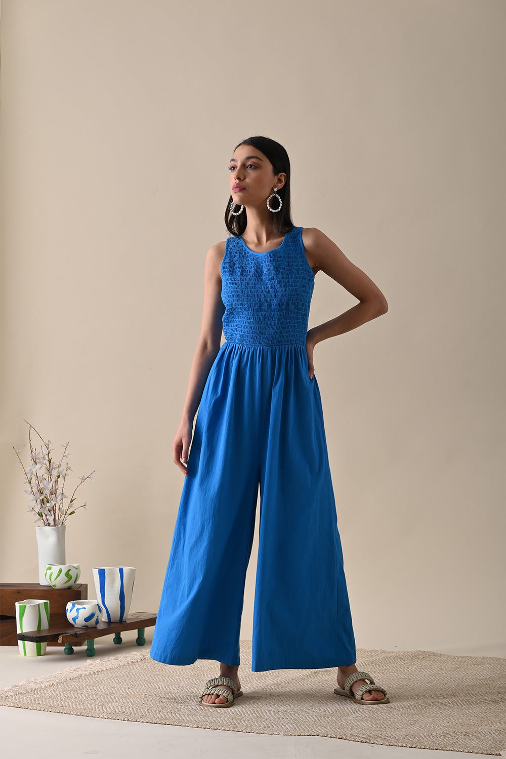 Blue Solid Jumpsuit by Kanelle with Best Selling, Blue, Casual Wear, FB ADS JUNE, July Sale, Jumpsuits, Life in Colour by Kanelle, Natural with azo dyes, Organic Cotton, Printed Selfsame, Regular Fit, Solids, Womenswear at Kamakhyaa for sustainable fashion