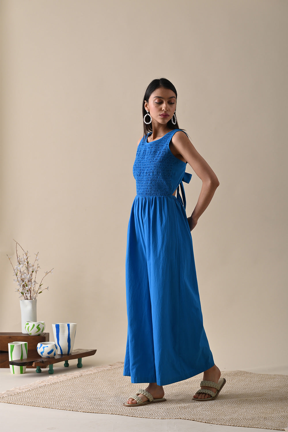 Blue Solid Jumpsuit at Kamakhyaa by Kanelle. This item is Best Selling, Blue, Casual Wear, FB ADS JUNE, July Sale, Jumpsuits, Life in Colours, Natural with azo dyes, Organic Cotton, Printed Selfsame, Regular Fit, Solids, Womenswear